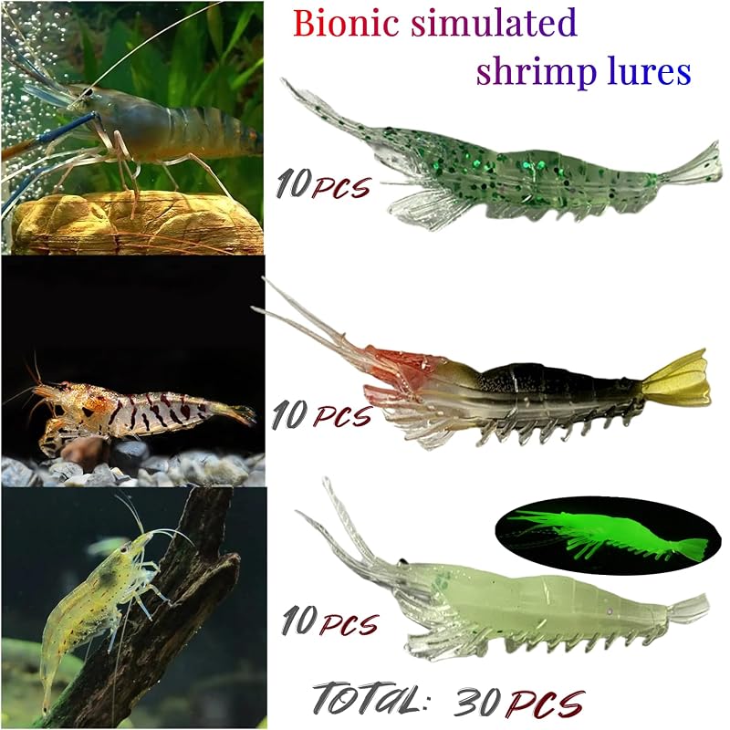 Mixed 30Pcs Luminous Shrimp Bait Soft Plastic Lures Kit 3.2in 1/8oz Fishing Tackle
