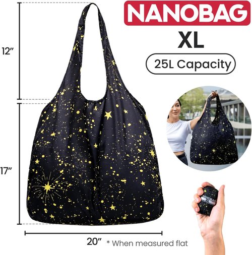 Nanobag Ultralight Foldable Tote - Heavy Duty Reusable Grocery & Travel Bag | XL Black Compact Design