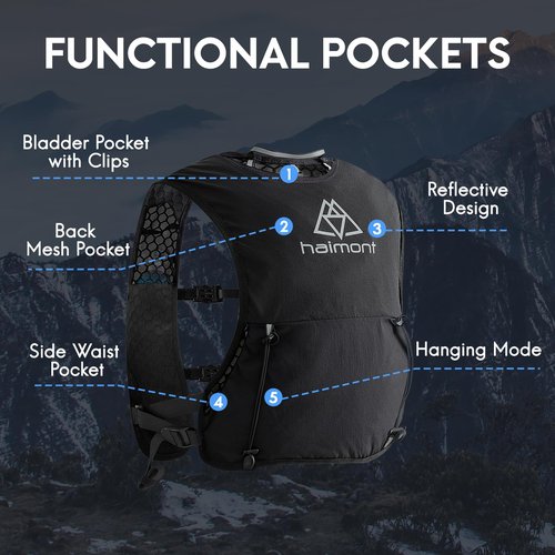 Haimont Running Hydration Vest with 2 TPU Soft Flasks, 5L Lightweight Runner Vest Pack for Women Men, Trail Running, L, Black