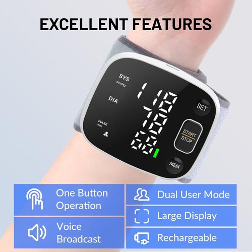 Blood Pressure Monitor - Skiennix Rechargeable Automatic Wrist Cuff with Voice Broadcast | 2 User Memory