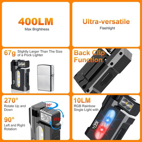 G5 EDC Flashlight - 400 Lumens Super Bright Rechargeable Mini Light | 180° Rotatable Magnet, IP68 Waterproof, Black