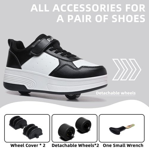 HSQ Roller Skate Shoes for Girls Boys Kids Detachable Wheeled 2 in 1 Skating Shoes with Wheels Fashion Sneaker Ages 5-8,8-12 Black White Size Big Kid 4