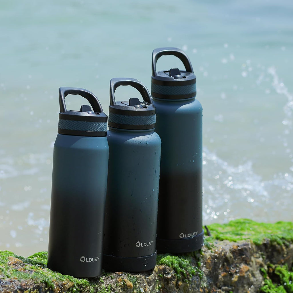 OLDLEY 40 oz Insulated Water Bottle - Stainless Steel Sports Flask with 3 Lids | Black Travel Mug