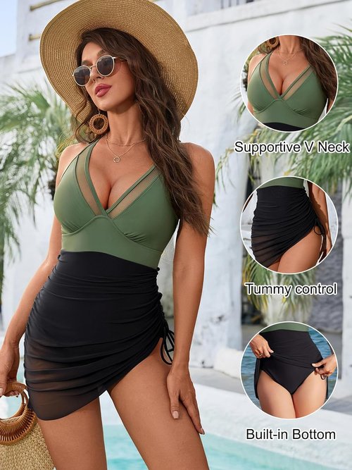 Blooming Jelly Women's One-Piece Swim Dress - Tummy Control & Slimming Mesh Wraps