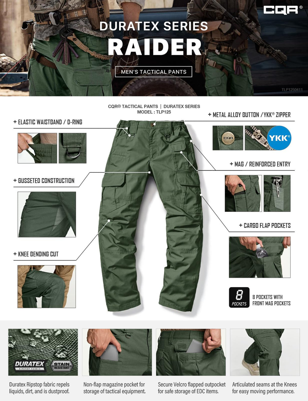CQR Men's Tactical Pants, Water Resistant Ripstop Cargo Pants, Lightweight EDC Work Hiking Pants, Outdoor Apparel, Raider Mag Green Kelp, 34W x 30L