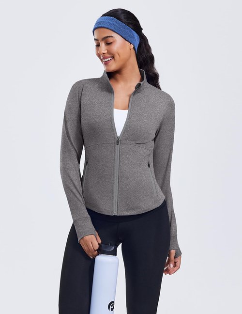 PINSPARK Zip Up Running Jackets for Womens Light Weight Slim Cropped Yoga Track Jackets with Thumb Holes Soft Athletic Golf Jackets Heather Grey Large