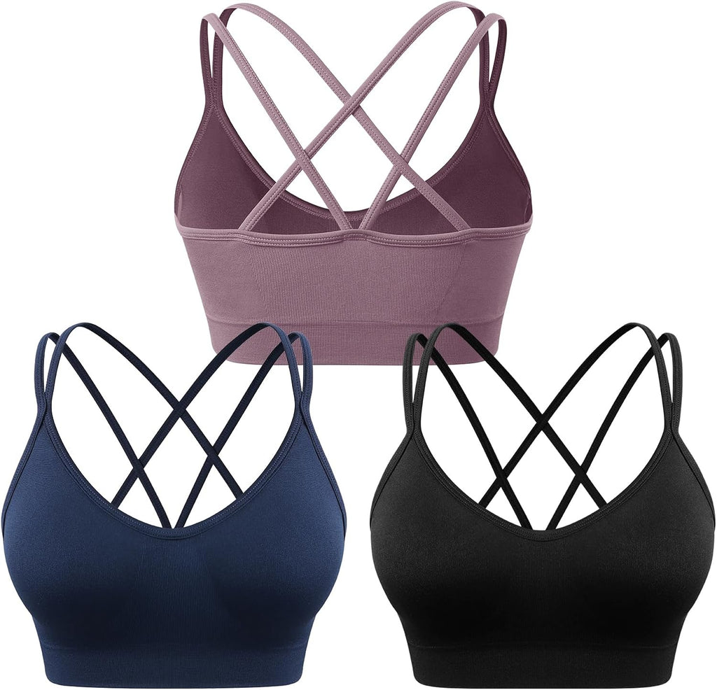 WANAYOU Sports Bras for Women - Strappy Cross Back Medium Support Padded Workout Bra | 3 Pack
