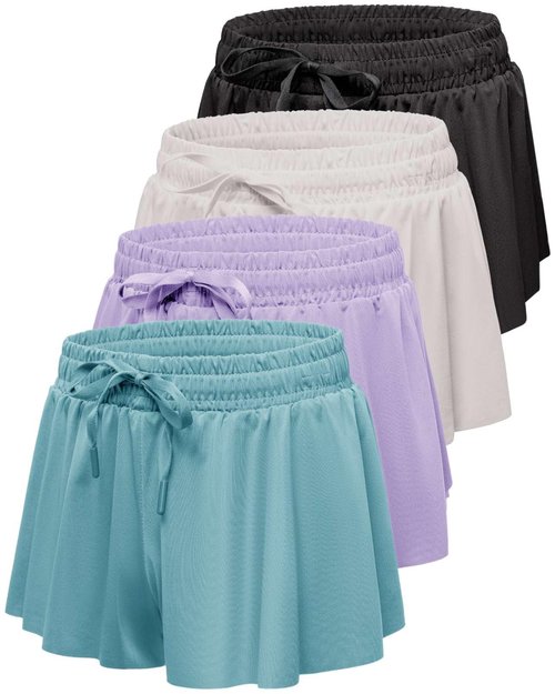 Real Essentials 4 Pack: Girls' 2-in-1 Dry Fit Athletic Flowy Shorts - Butterfly Dance Skirts for Youth & Teens, 4-5