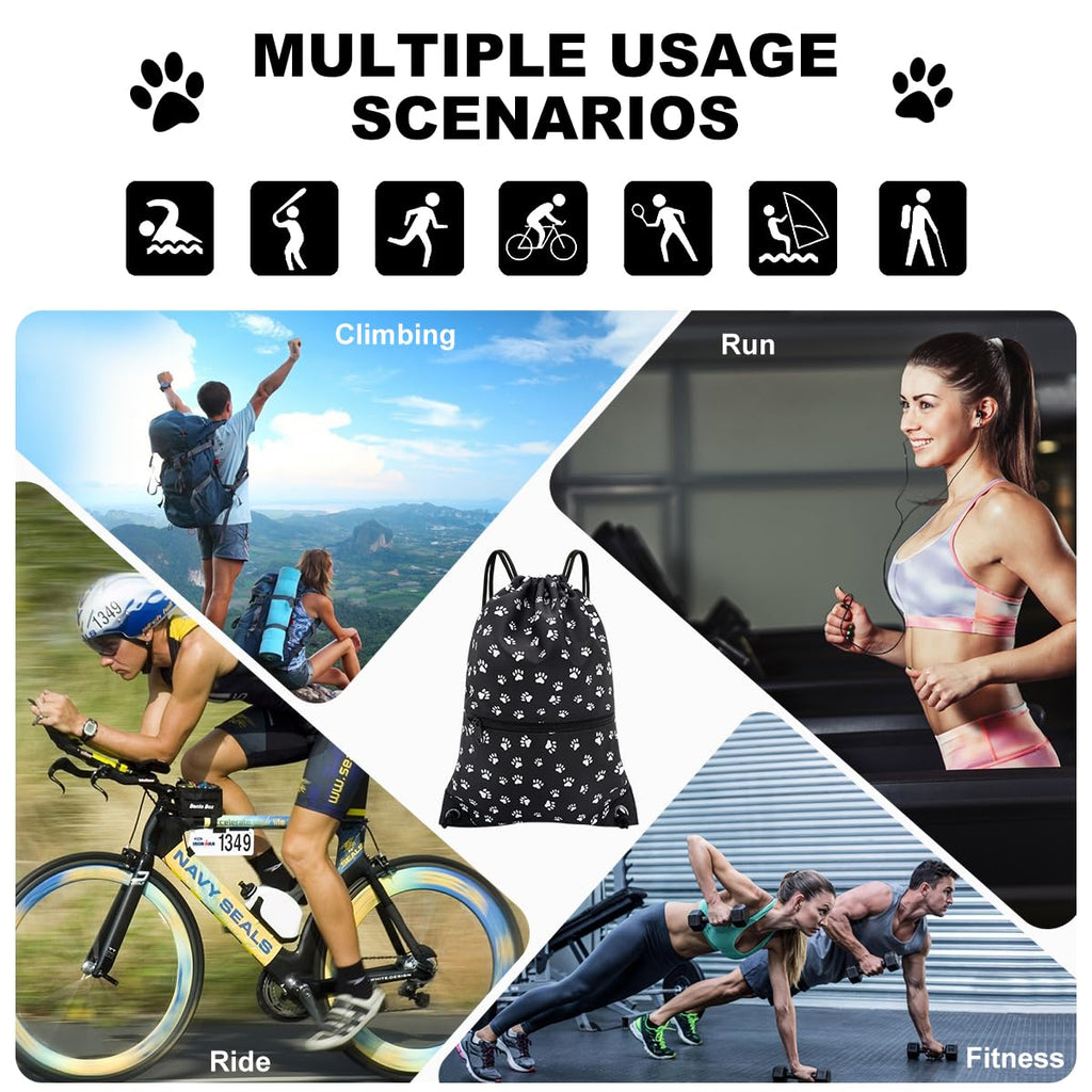 HOLYLUCK Drawstring Backpack Bag Sport Gym Sackpack (Black background white Dog Paw Prin)