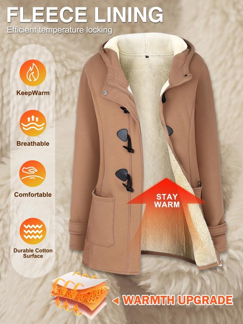 Gihuo Winter Jackets for Women Sherpa Lined Jacket Women Duffle Toggle Coat Hooded Fleece Jacket(Khaki-L)