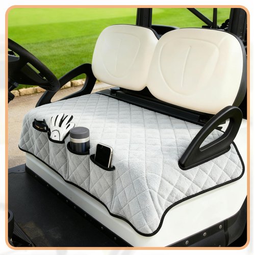 Gilprop Golf Cart Seat Cover, Universal 2 Seat Golf Cart Towel Blanket with 4 Front Pockets and Non-Slip Backing, Soft Protector for Outdoor Carts, 50.5 x 32 Inch
