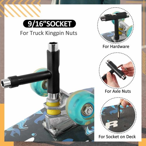 Threlaco 3 Pcs All in One Skate Tool Set Multi Function Portable Skateboard Tool with Skateboard Wax and Cleaner 2 in 1 T Type Allen Key and L Type Head Screwdriver for Gift(Metal Socket)