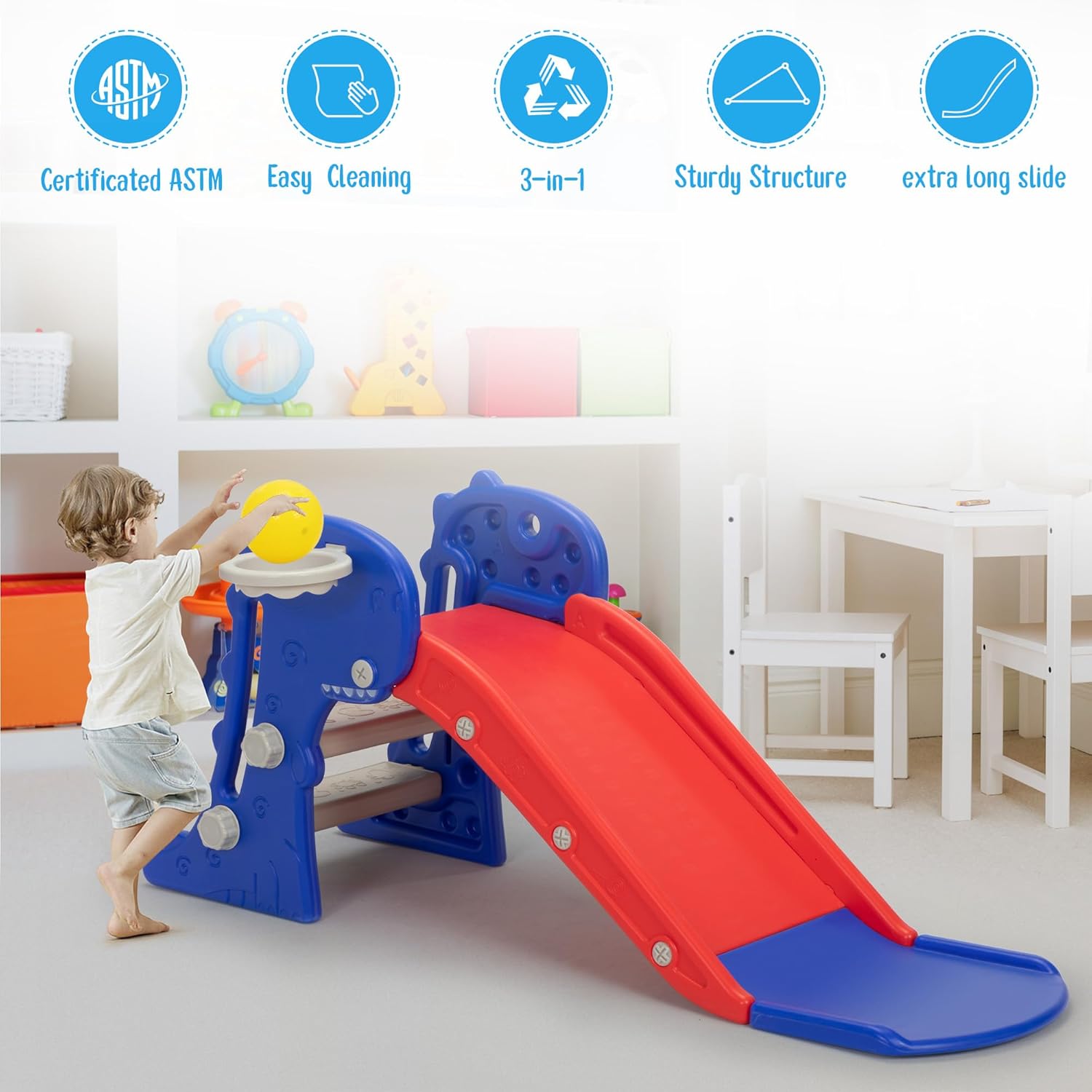 Nyeekoy Toddler Slide - 3-in-1 Kids Climber Playset with Basketball Hoop | Indoor & Outdoor Fun