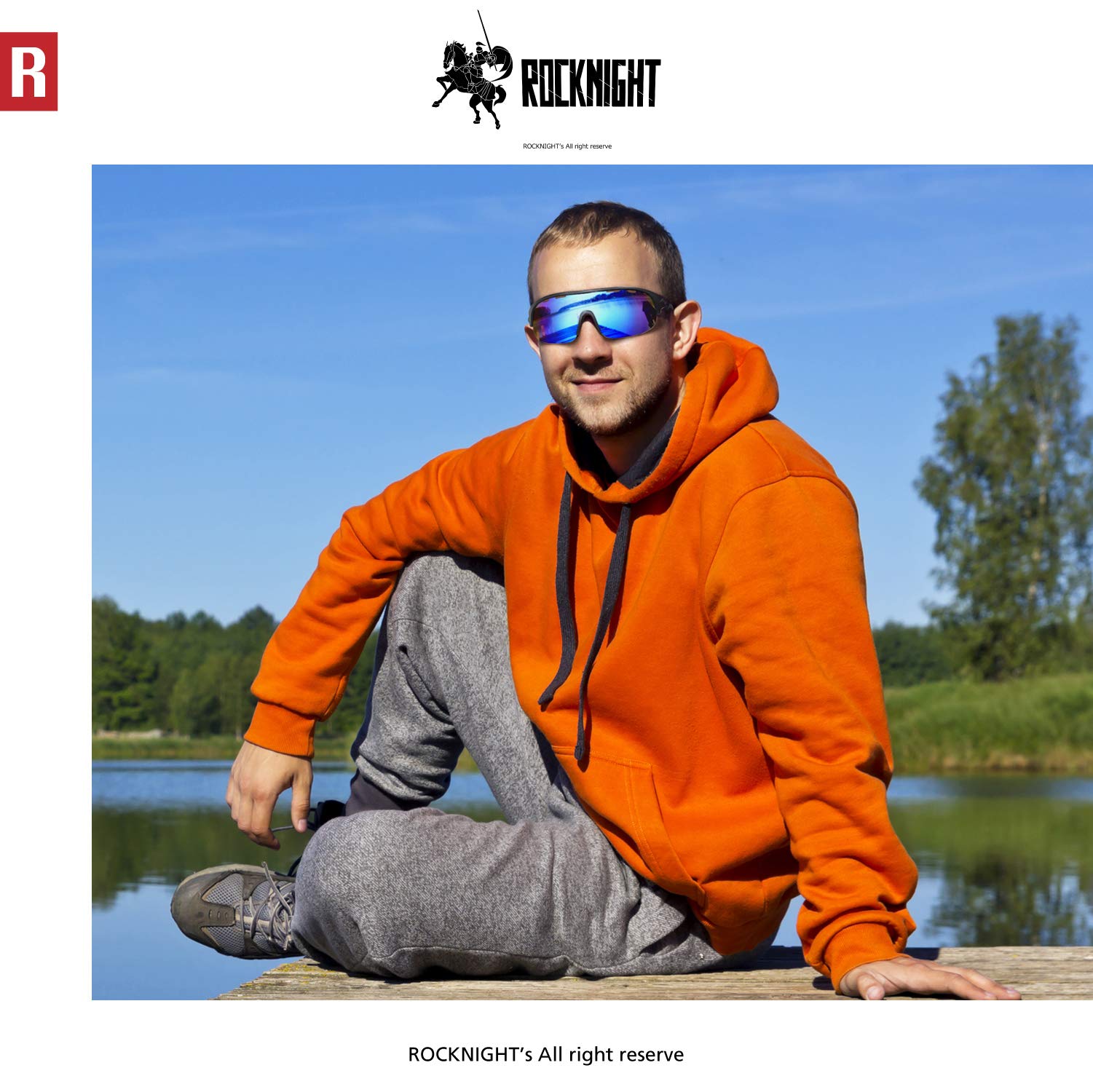 ROCKNIGHT UV Polarized Fishing Sunglasses Men Hiking Travel Outdoor Mirrored Blue Sunglasses Sports TR90 Black Frame