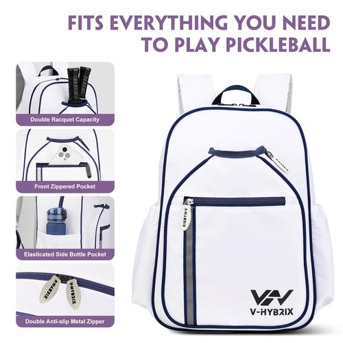 VHYBRIX Pickleball Bags, 30L Deluxe Waterproof Pickleball Backpack with Shoe Compartment for Men Women Pickle Ball Gift Accessories for Pickball Lovers (White)