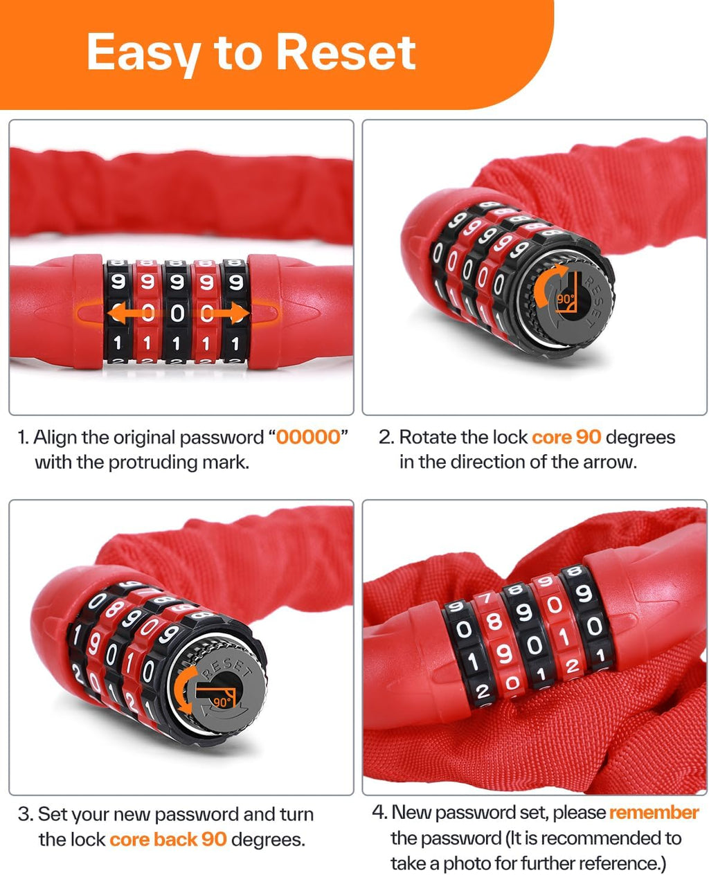 Sportneer Bike Lock - High Security 5-Digit Combination Chain Lock | 3.2/3.6/4ft Heavy Duty Keyless Design for Bikes, Motorcycles, Scooters, Doors & Gates - 4/6mm Thick, Easy to Use