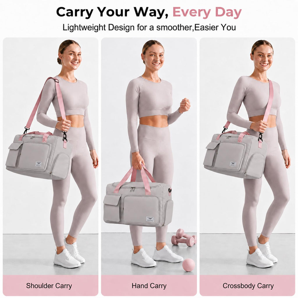 FIORETTO Women's Gym Duffle Bag with Shoes Compartment, 30L Capacity, Ideal for Travel, Gym, Sports, Duffel, Weekender, Grey & Pink