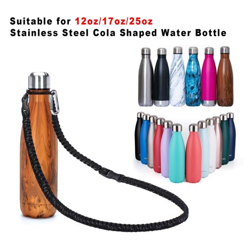Wongeto Paracord Handle with Long Shoulder Strap, Water Bottle Strap Fits 12oz, 17oz and 25 oz Narrow Mouth Bottles (Black 1)
