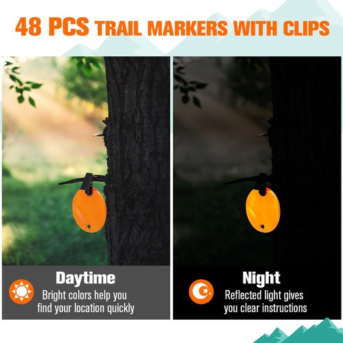 Konohan 48 Pcs 24 or 48 Pcs Trail Markers with Clips Round Reflective Tacks for Hunting Reflective Tree Tacks Trail Marking Ribbon with Clips Orange High Visibility Tree Markers for Outdoor Hiking