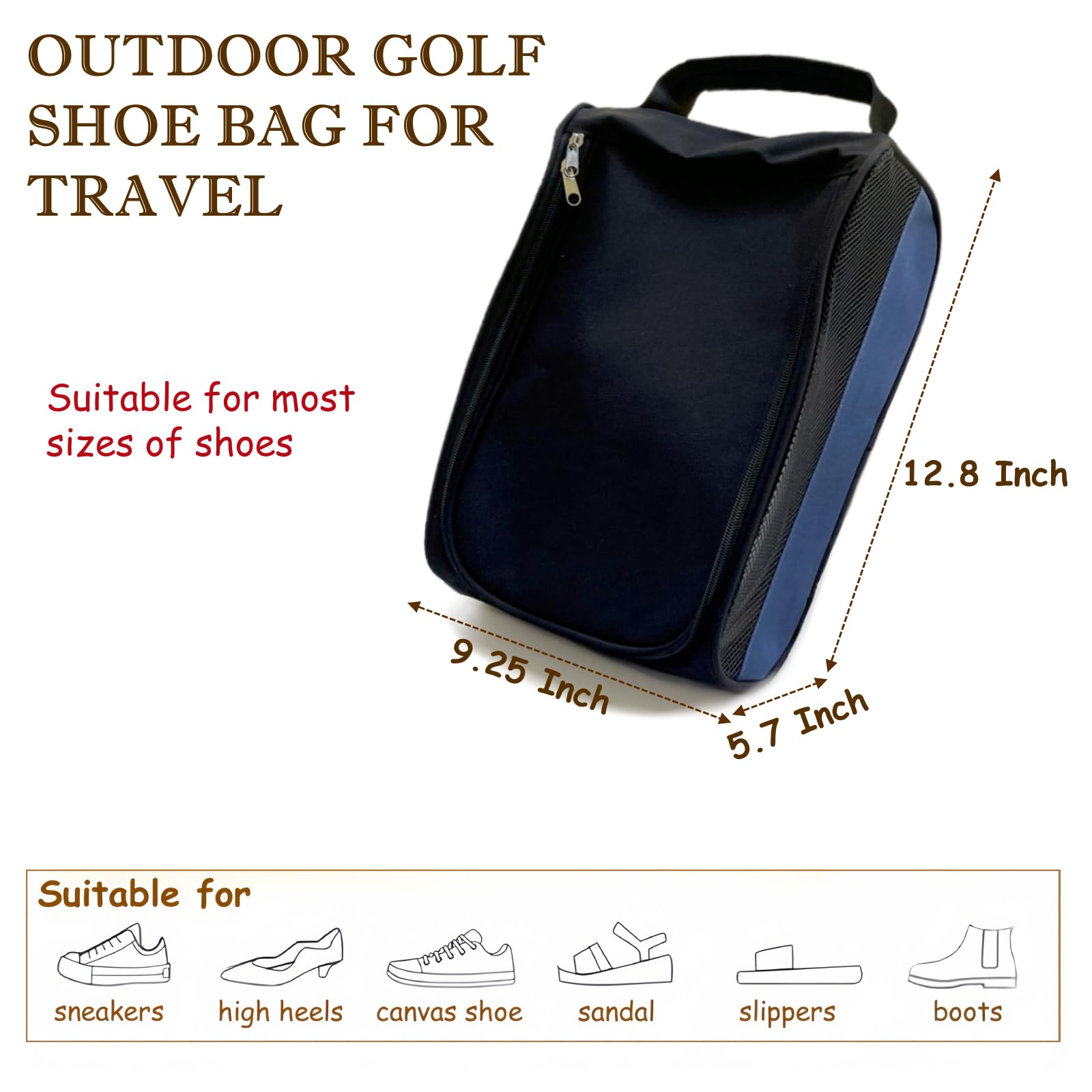Suaetiai Golf Shoe Bag for Men Women, Mesh Travel Bag for Shoes, Water Proof Ventilation Shoe Bags for Gym, Outdoor Shoes Carrier with Zippered and Handle (Black/Blue-1 Pack)