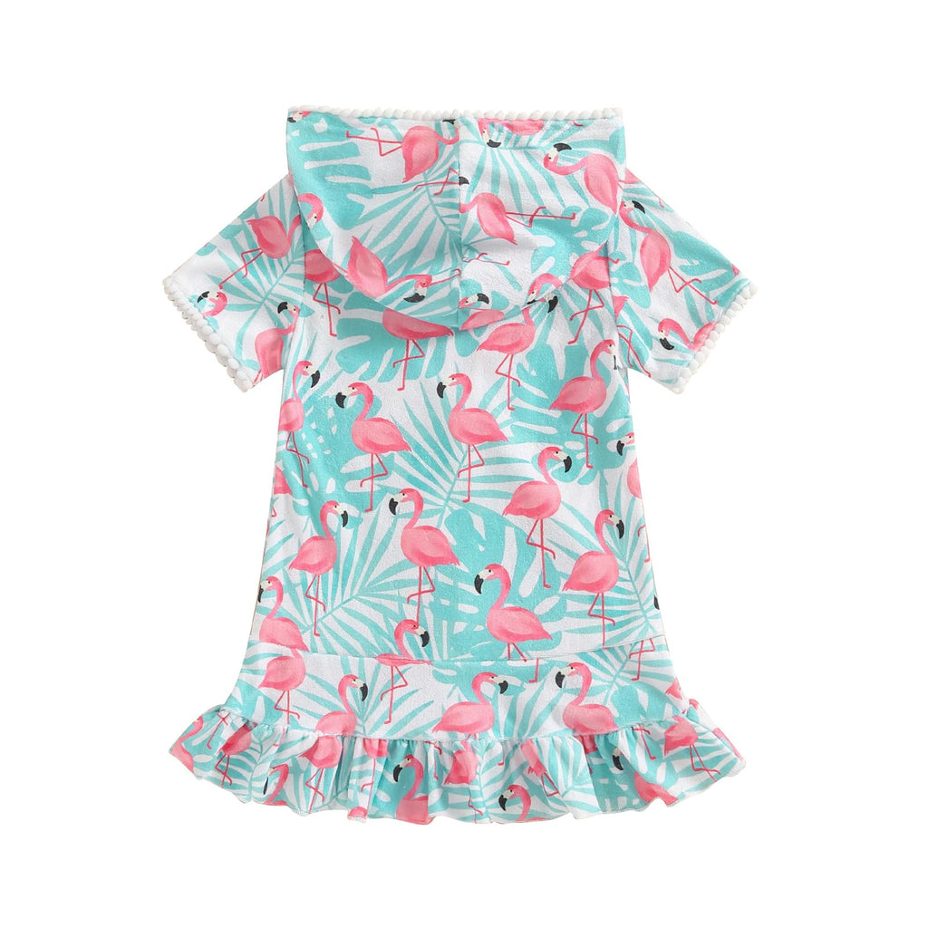 Licupiee Girls Hooded Zip Terry Coverups Swimsuit Kids Baby Girl Floral Print Short Sleeve Swim Cover-Up Swimwear (US, Age, 5 Years, 6 Years, Green Flamingo)