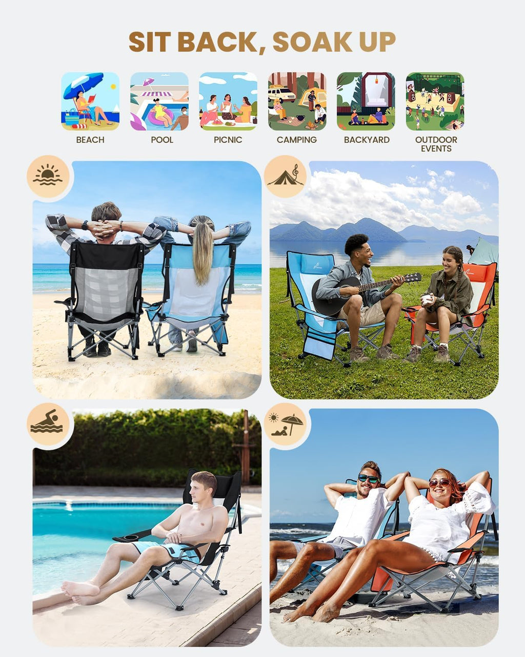 Sportneer Portable Beach Chair - Reclining Position with Cup Holder & Side Pocket | Compact Folding Design for Camping & Festivals