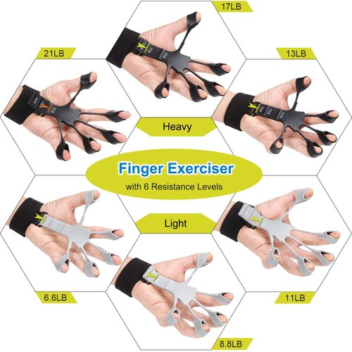 Grip Strength Trainer Kit 6 Pack with Finger Exerciser, Hand Grip Strengthener, Hand Extension Exerciser and Forearm Workout Ring for Muscle Building and Injury Recover