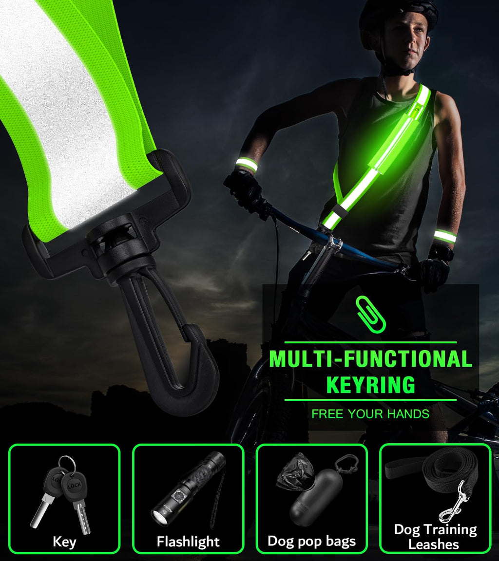LED Belt Reflective Sash for Walking at Night,High Visibility Adjustable Night Running Safety Gear,Light Up Running Belt Reflective Gear with Phone Bag/Armband for Runners Walkers Men Women (Green)