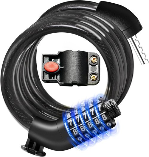 MULTIJOY Bike Lock - Coiled Anti-Theft Cable with Combination & Key - Secure Resettable Lock for Bikes & Scooters