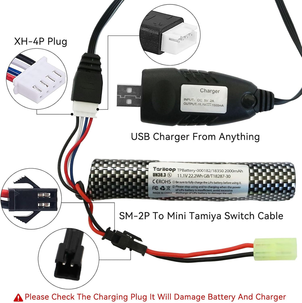 11.1V Battery Gel Blaster - High-Capacity 2000mAh Airsoft Battery with Charger & Mini Tamiya Connector