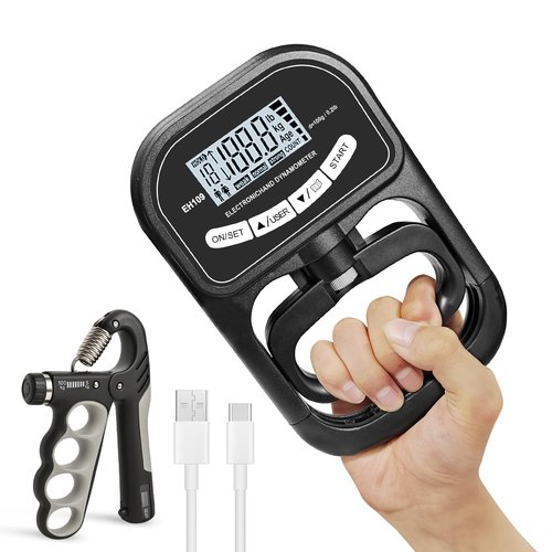 Grip Strength Tester 400 lbs/180 kg with Backlit LCD Display, Digital Hand Grip Dynamometer Records Up to 19 Users, Adjustable Grip Strength Trainer 11–220 lbs for Sports, Rehab, Home & School Use (BLACK)