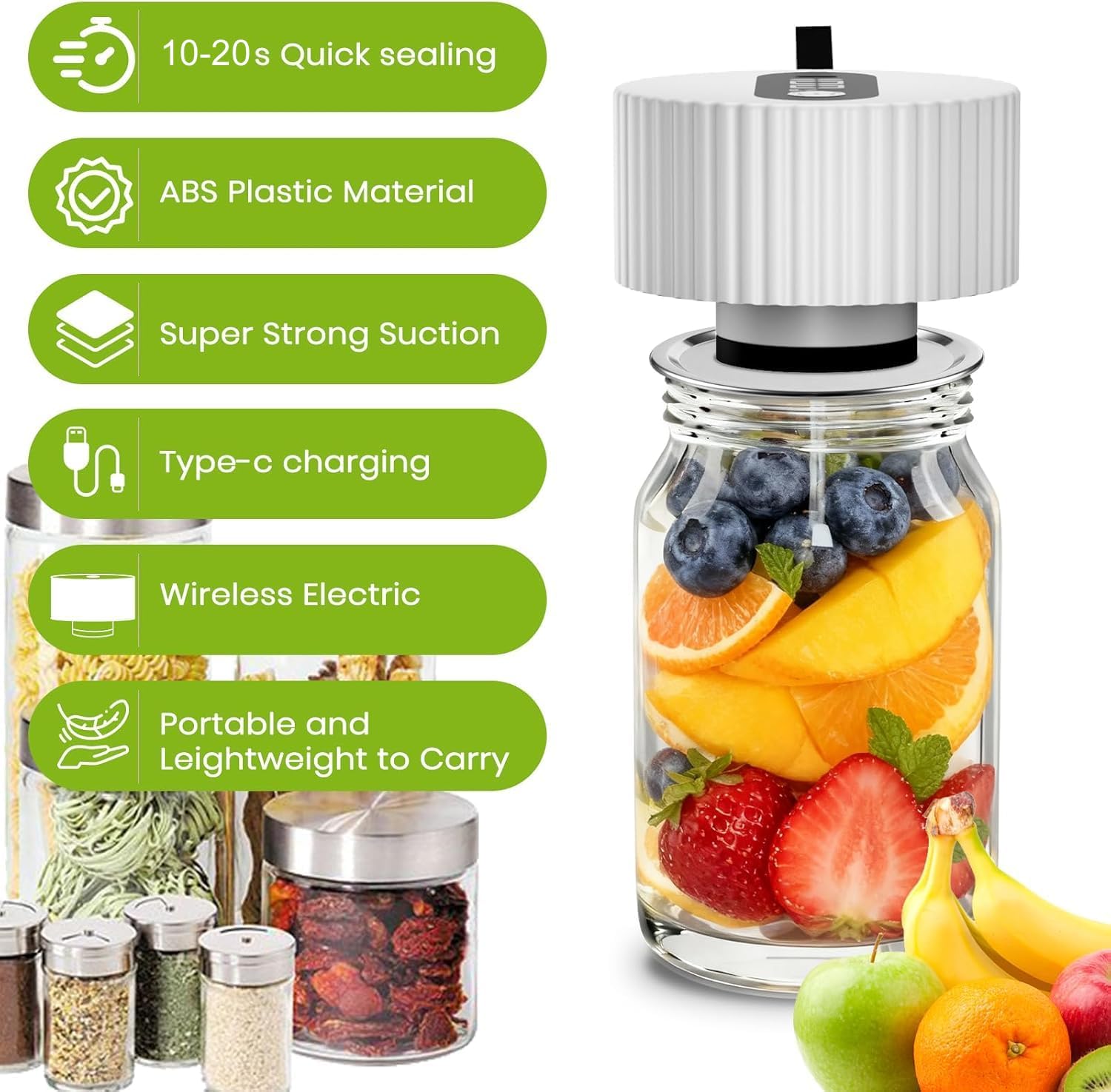 Skiennix Electric Mason Jar Vacuum Sealer Kit - One-Touch Sealing for Wide & Regular Jars | Portable Gift for Mom & Grandma