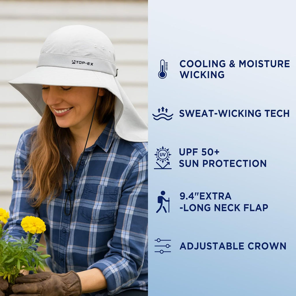 TOP-EX Cooling Sun Hat - UPF 50+ Wide Brim with Neck Flap for Hiking, Fishing & Large Sizes