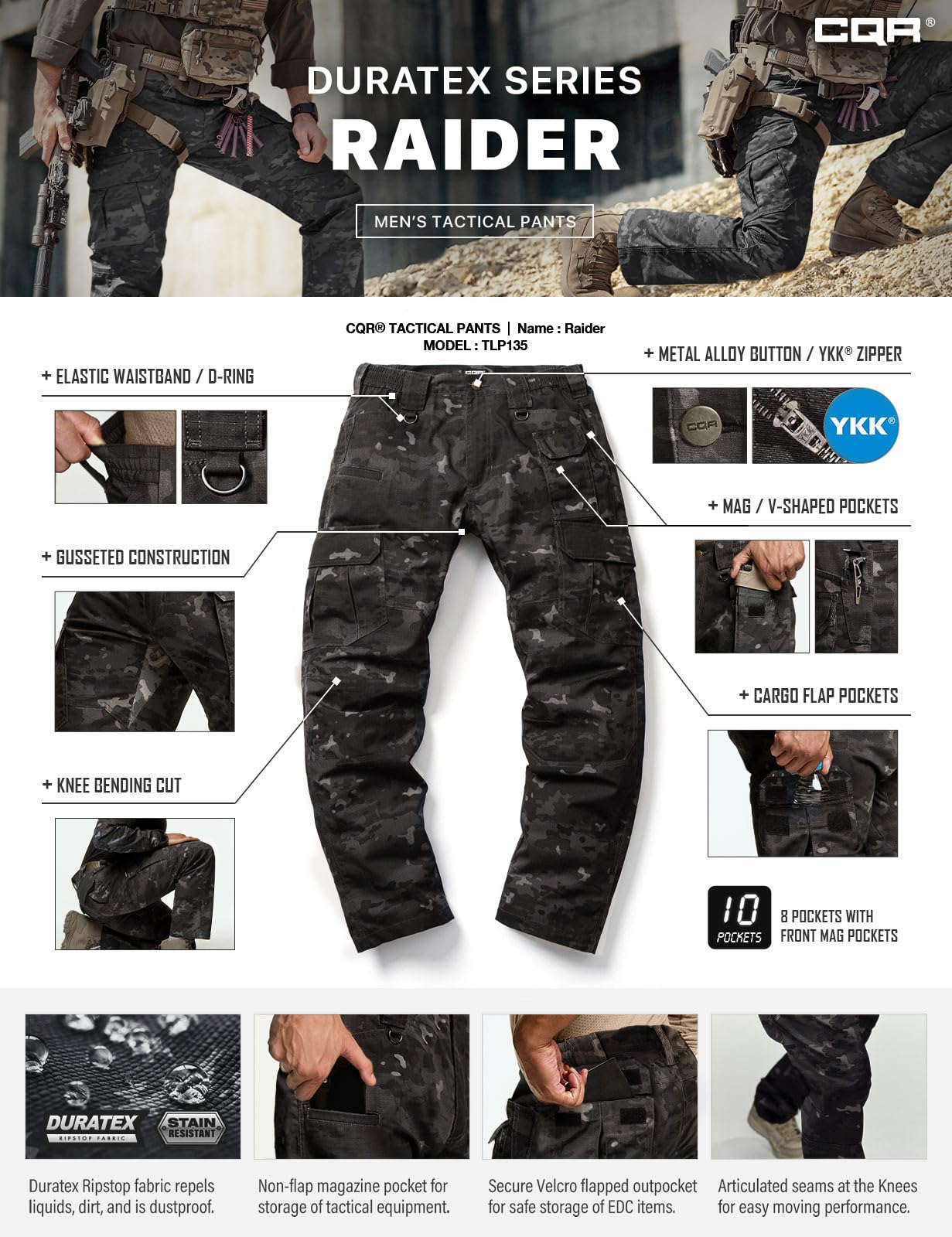 CQR Men's Tactical Pants, Water Resistant Ripstop Cargo Pants, Lightweight EDC Work Hiking Pants, Outdoor Apparel, Duratex Mag Pocket Print Utility Camo Black, 38W x 30L