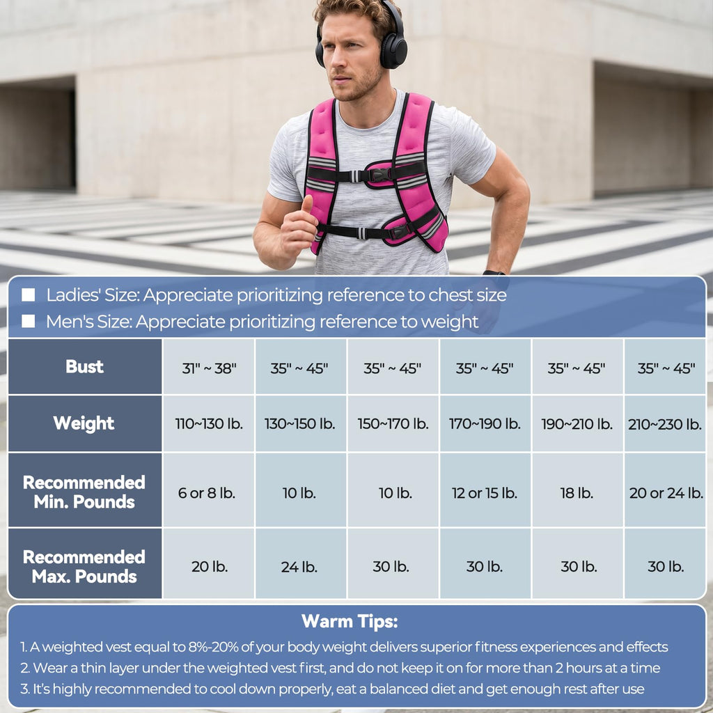 Zeerun Weighted Vest, 6lb/8lb/10lb/12lb/15lb/18lb/20lb/24lb/30lb for Men Women, Reflective Stripe Adjustable Buckle, Comfortable Durable Rucking Vest for Walking Running Strength Training, 24LBS-Pink
