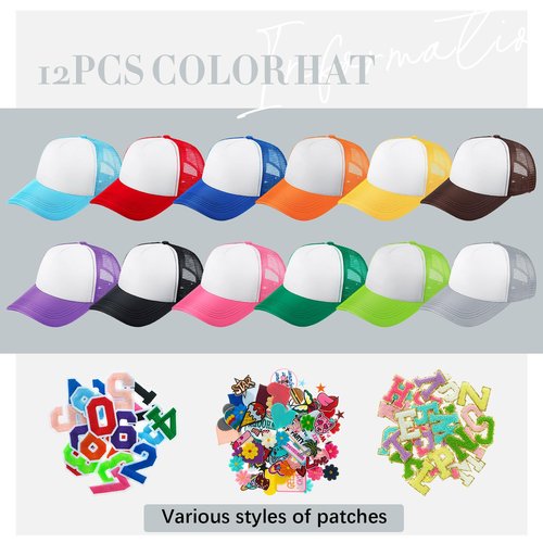Hercicy 12 Pack DIY Trucker Hats Kit, Sublimation Blank Baseball Caps with 120 pcs Embroidered Patches DIY Craft for Party
