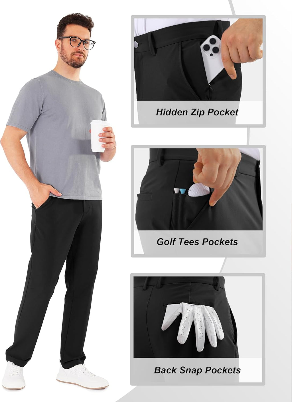 Skiennix Men's Golf Pants - Stretch Classic Fit, Quick Dry, Water-Resistant | 30"/32"/34" Sizes, 6 Pockets