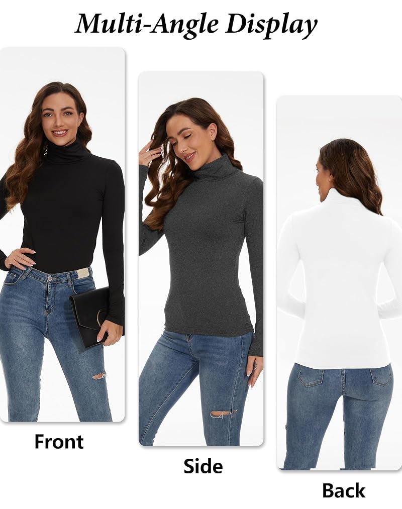 Dalavch 4-Pack Women's Fleece-Lined Thermal Turtleneck Shirts – Black, Heather Gray & White (Large)