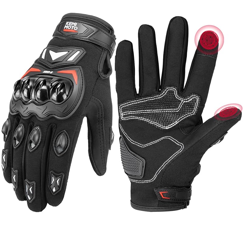 KEMIMOTO Touchscreen Motorcycle Gloves for Men, Black XL (X-Large) - Abrasion-Resistant, Breathable Protection