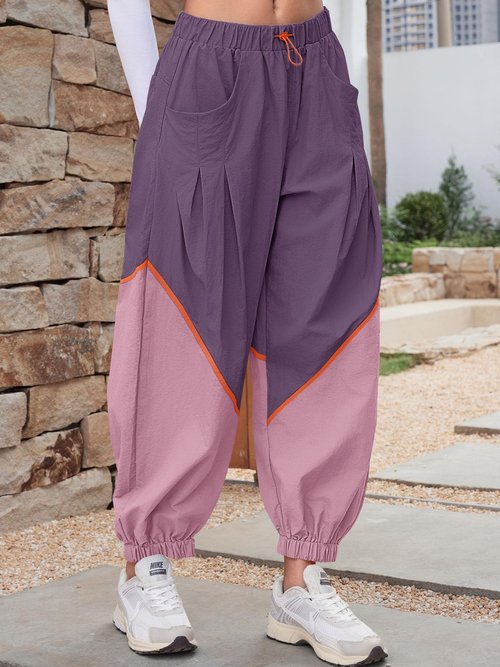 Fisoew Womens Baggy Wide Leg Pants Casual Elastic Waist Color Block Loose Workout Track Pants with Pockets Violet