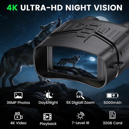HEXEUM Night Vision Goggles - 4K Night Vision Binoculars for Adults, 3'' HD Screen Binoculars can Save Photo and Video with 32GB TF Card, Black, NV4000