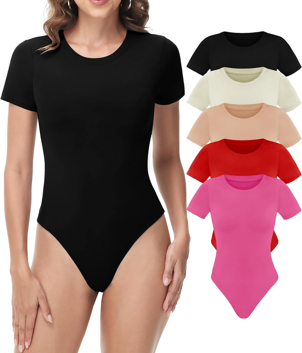 Skiennix Stretchy Bodysuits for Women - 5 Pack Round Neck Tops for Casual Outings