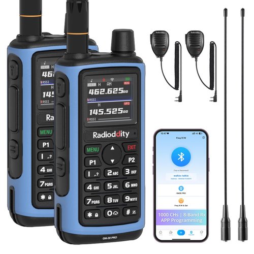 Radioddity GM-30 PRO GMRS Radio, Long Range Handheld Radio with UHF/VHF/NOAA/FM/Airband Reception, APP Wireless Programming 1.77" TFT Display, Frequency Copy, 1,000 Channels, 2 Pack & 2 Speaker Mic