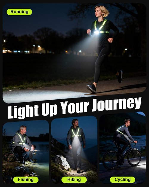 Dawinga Running Lights for Runners, 500 Lumens Running Light with 45° Adjustable Beam, 6 Modes & IPX4 Waterproof, 1800 mAh Rechargeable Reflective Vest Gear for Night Walking/Jogging, 4-20Hrs Runtime