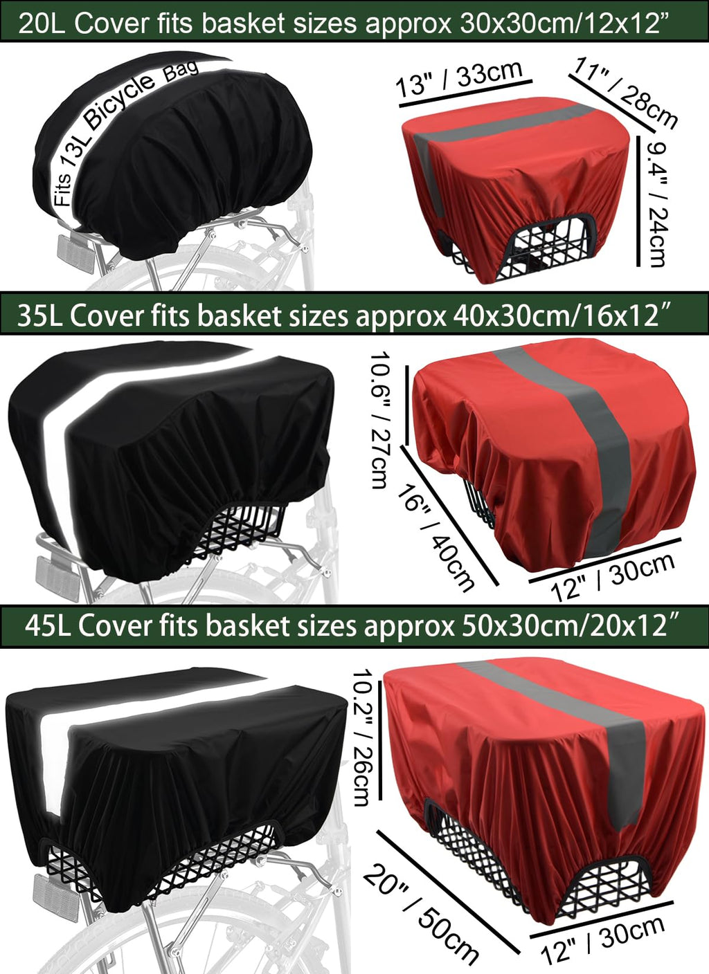 VAOLOAV 45L Bicycle Basket Waterproof Rain Cover with Reflective Strip Bicycle Rear Rack Rain Cover Black