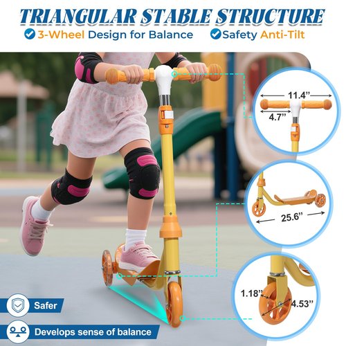 3 Wheel Scooter for Kids Ages 3-6, LED Light-Up Kids Kick Scooter–Adjustable Height, Durable Metal Construction, Anti-Slip Deck, Rubber Handles for Outdoor Activities,Child Safety Certified