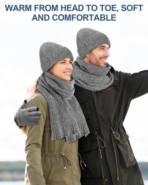 Geyoga 6 Pcs Winter Knit Set Beanie Hat Long Scarf Touchscreen Gloves Ear Muff Socks Warm Valentine Gift for Women Men Snow(Gray,Classic Style)