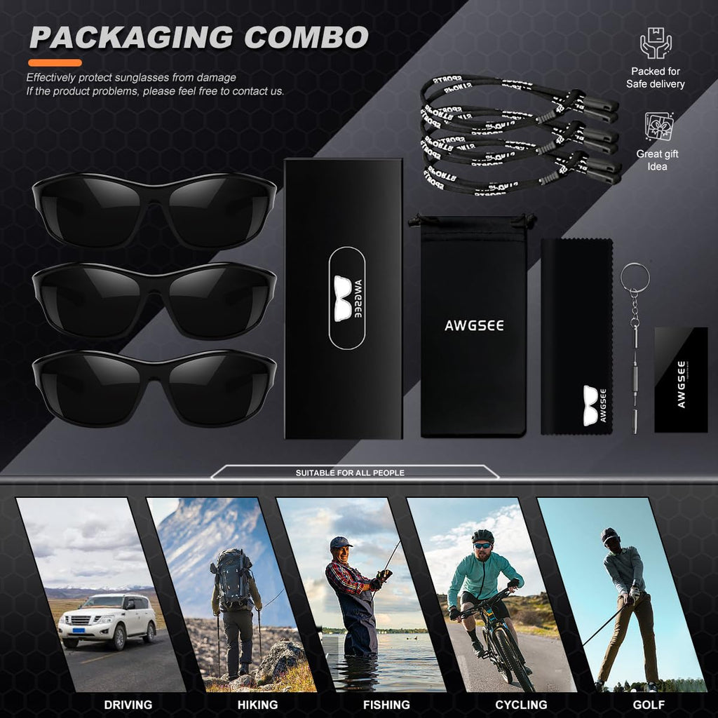 AWGSEE Polarized Sports Sunglasses for Men, UV400 Protection Lightweight Wrap Around Sun Glasses for Cycling Fishing Driving