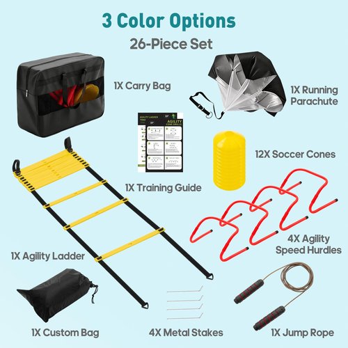 OLIXIS Agility Speed Training Equipment, 20 ft Speed Ladder, 12 Soccer Cones, 4 Agility Hurdles, Jump Rope, Resistance Parachute with Carry Bag, Training Equipment Set for Kids, Youth, Adults,Yellow