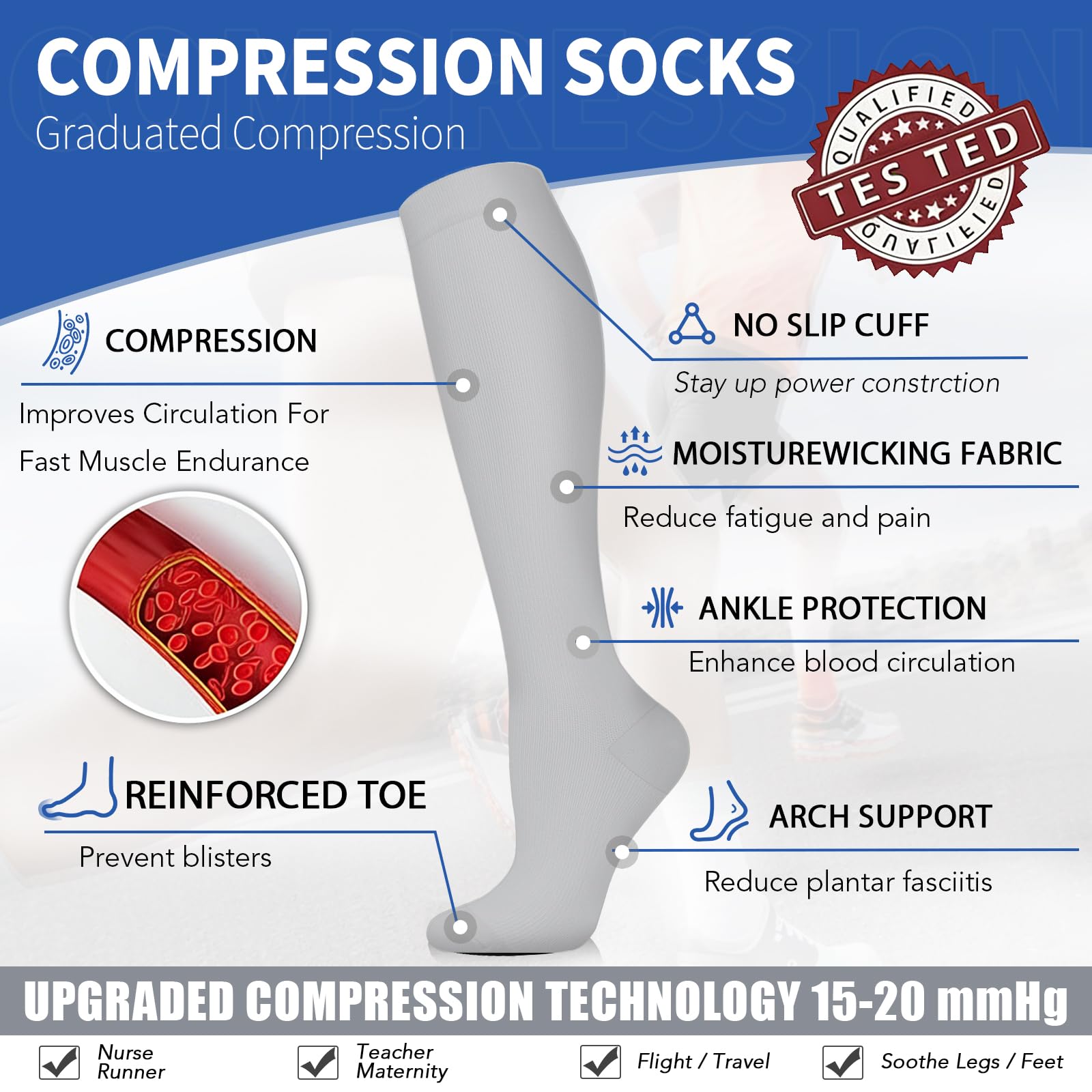Sooverki Compression Socks for Men & Women Circulation 8 Pack 15-20mmHg - Knee High Stockings Best Support for Wide Calf Bulk Gifts Running Black White Pink Navy Brown Nude Colorful